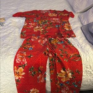 Johnny Was Red Silk Pajama Set